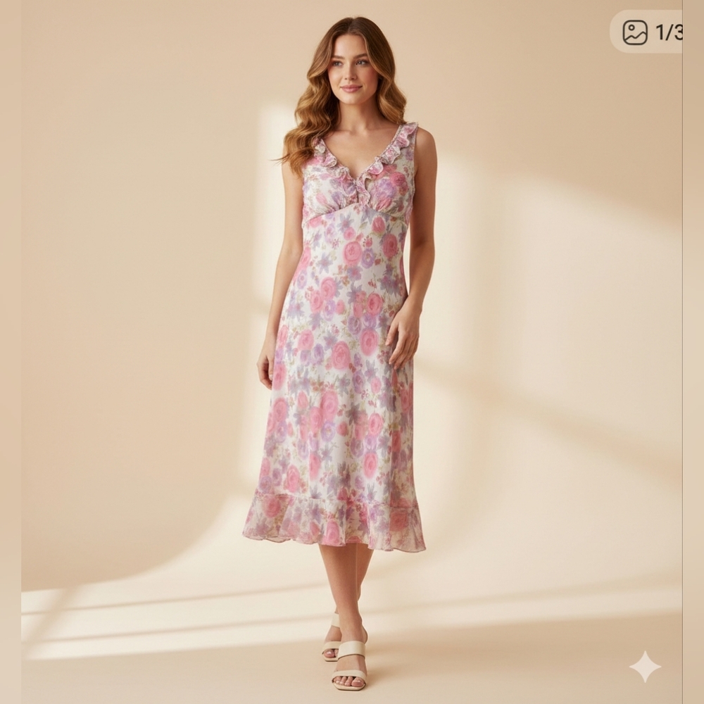 MAGGY LONDON Womens Floral Pink Sleeveless Dress Size 4 100% Silk Y2k Coquette